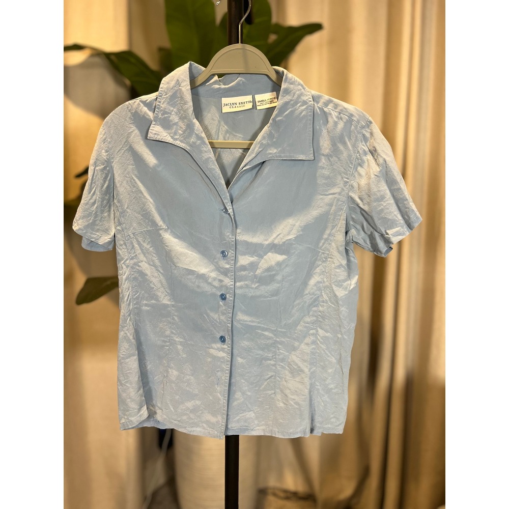 Jaclyn Smith Classic Womens Small 100% Silk Short Sleeve Button Down Shirt Blue